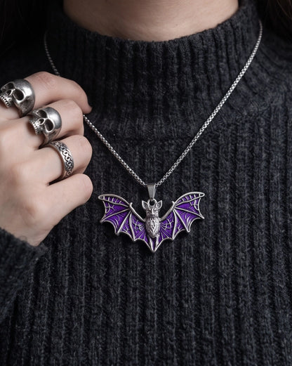Silver Purple Enamel Flying Bat Pendant Necklace