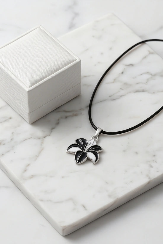 Bold Black and White Lily Enamel Pendant Necklace