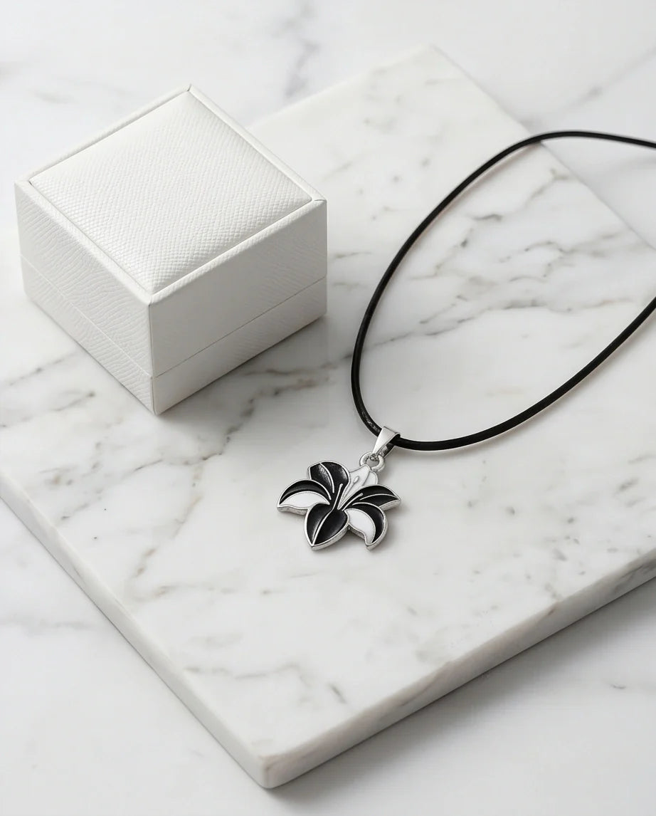 Bold Black and White Lily Enamel Pendant Necklace
