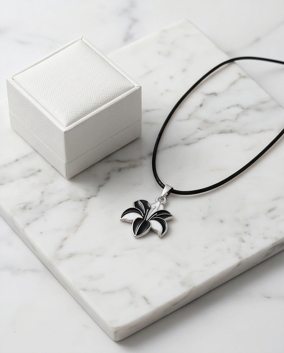 Bold Black and White Lily Enamel Pendant Necklace