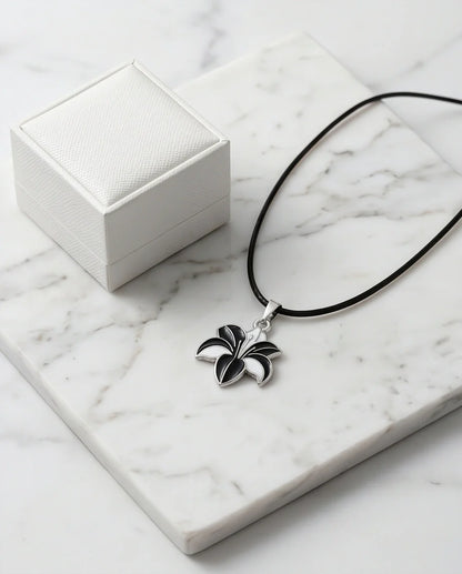 Bold Black and White Lily Enamel Pendant Necklace