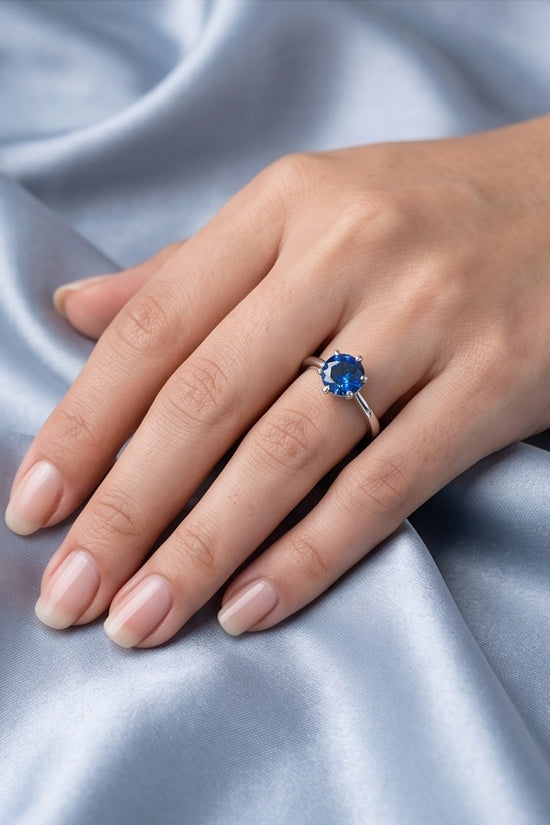 Sterling Silver Royal Blue Round Cut Solitaire Ring