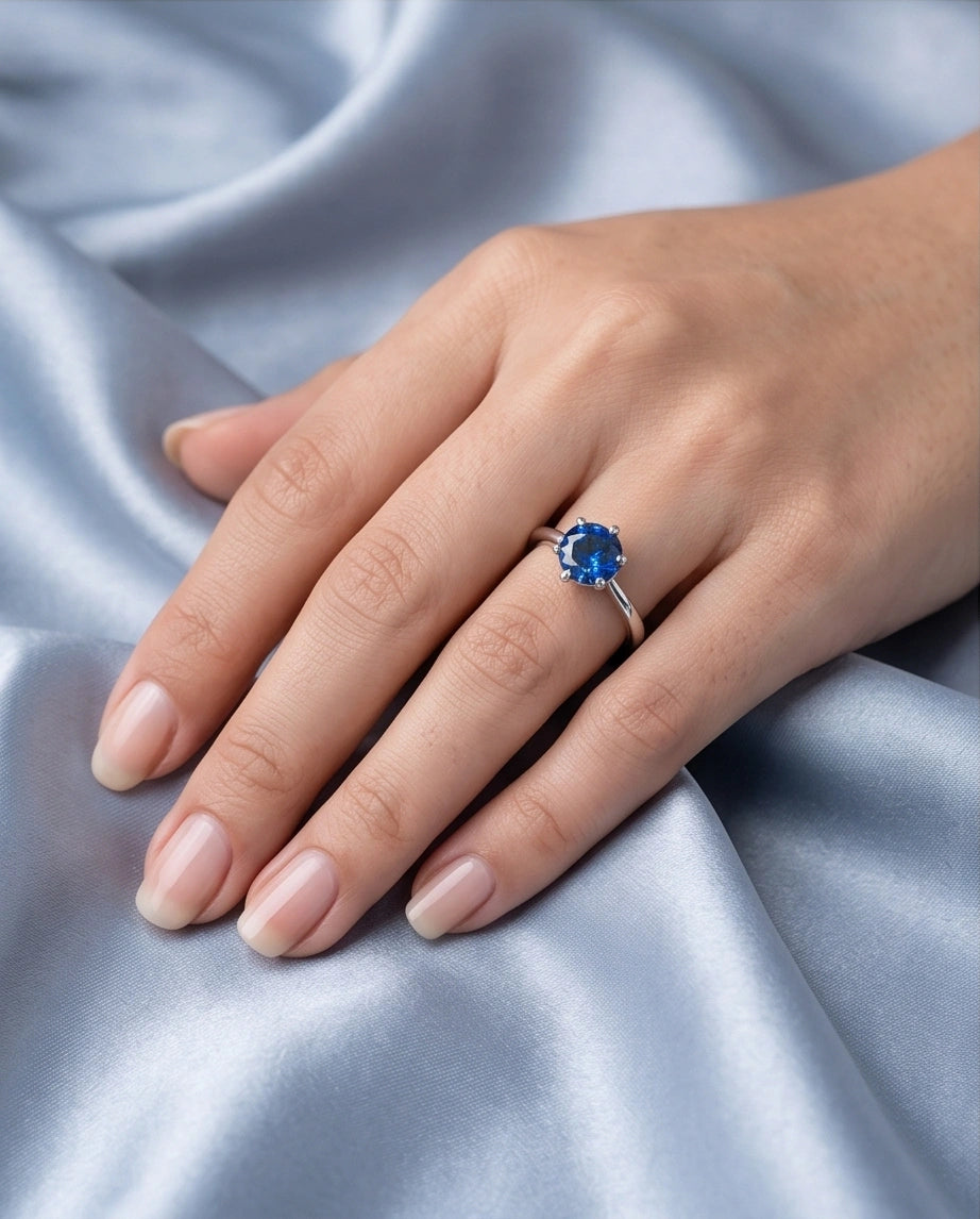 Sterling Silver Royal Blue Round Cut Solitaire Ring