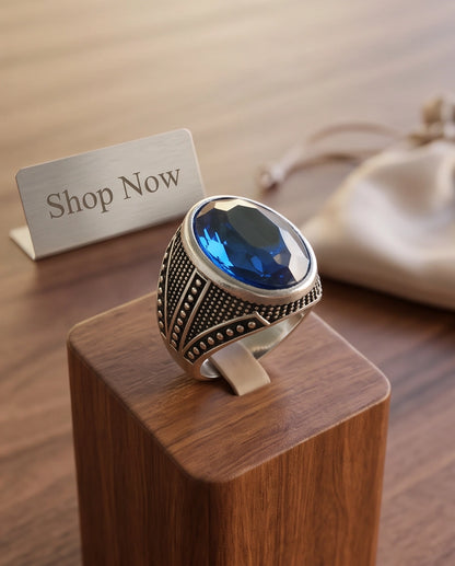 Sapphire Gemstone Beaded Smooth Bezel Chevron Stippled Silver Ring