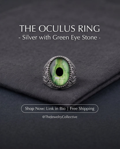 Emerald Dragon-Eye Cabochon Ornate Scrollwork Silver Ring