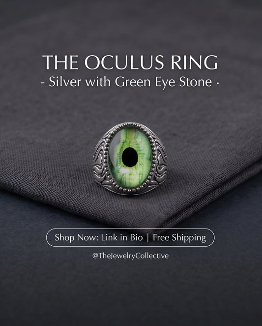 Emerald Dragon-Eye Cabochon Ornate Scrollwork Silver Ring