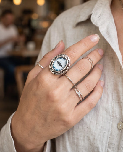 Monochrome Slit-Pupil Scrolled Silver Ring