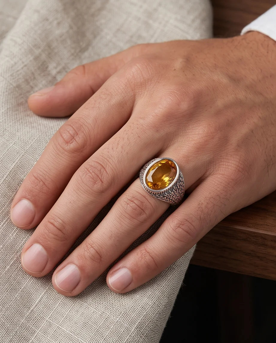 Citrine Gemstone Laurel Bezel Dragon-Scale Silver Ring