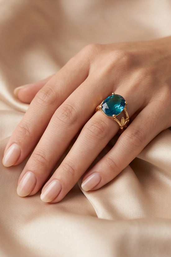 Gold Plated Aqua Blue Topaz Bamboo Leaf Ring