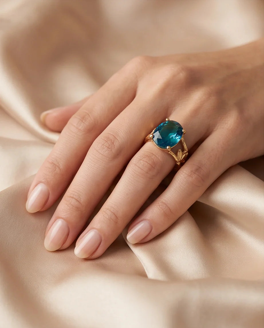 Gold Plated Aqua Blue Topaz Bamboo Leaf Ring