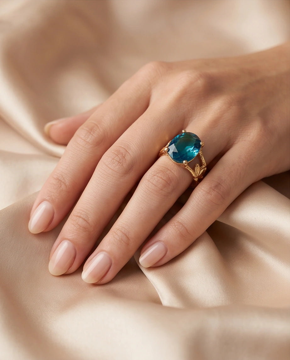 Gold Plated Aqua Blue Topaz Bamboo Leaf Ring