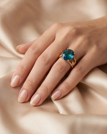 Gold Plated Aqua Blue Topaz Bamboo Leaf Ring