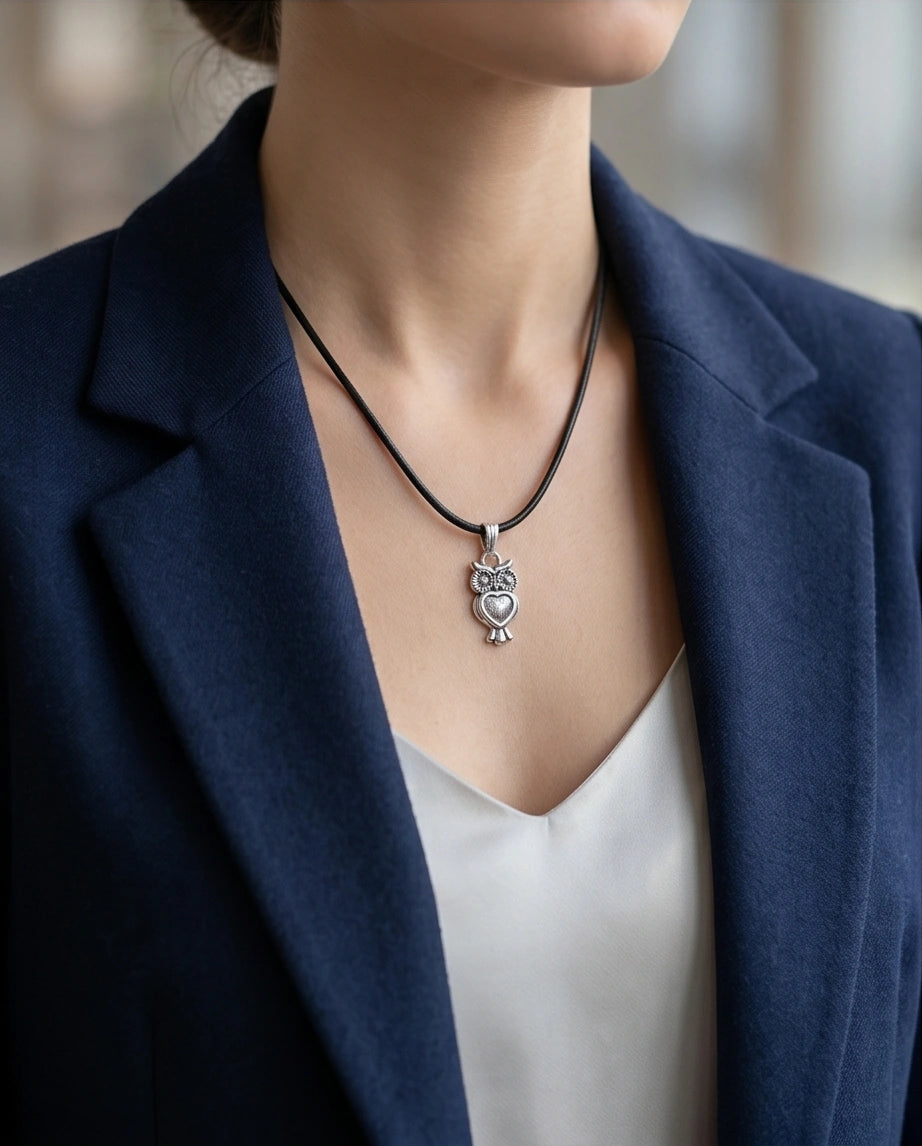 Silver Retro Heart Owl Necklace