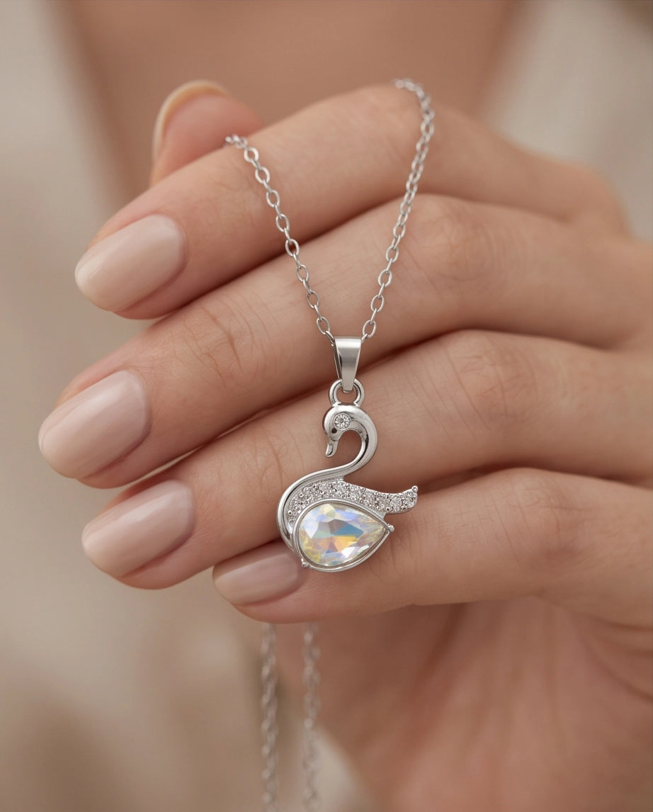 Silver Opaline Crystal Swan Pendant Necklace