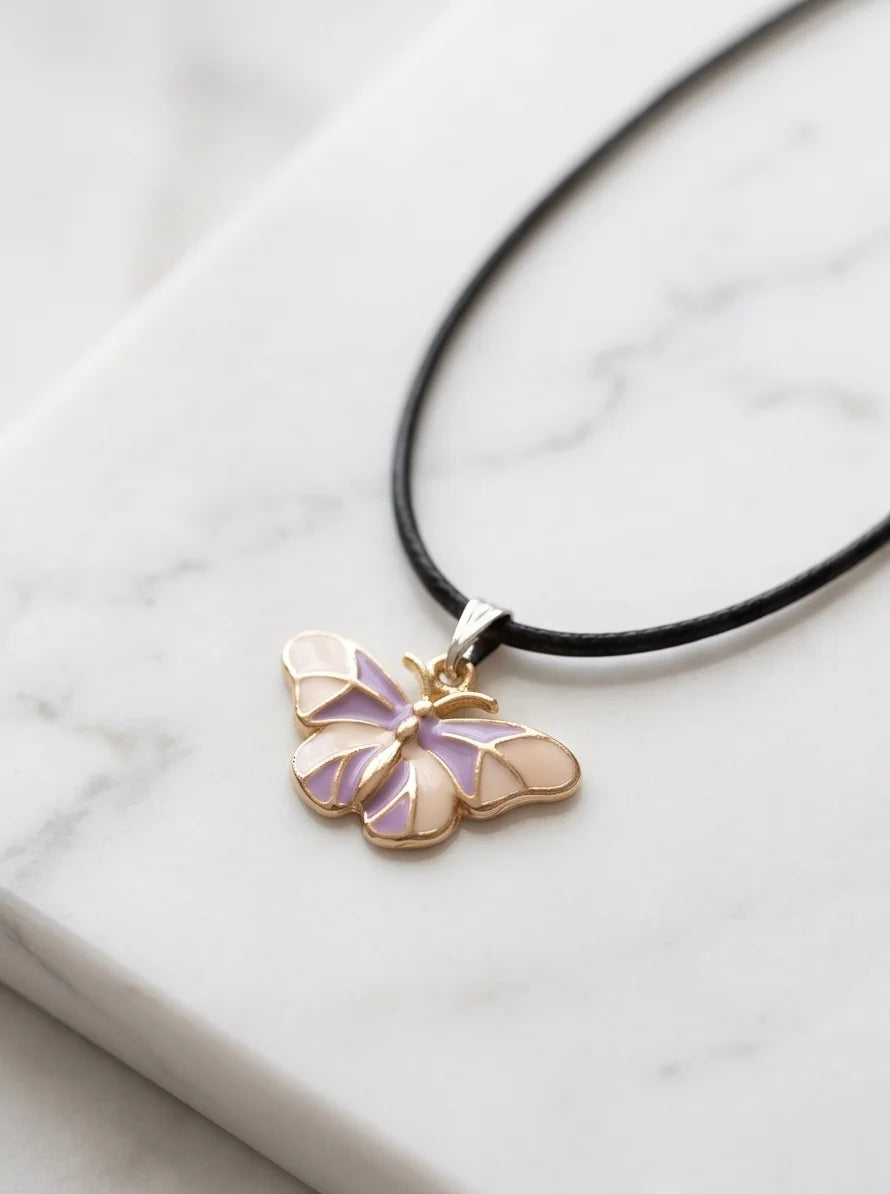 Pink & Lavender Enamel Butterfly Pendant Necklace