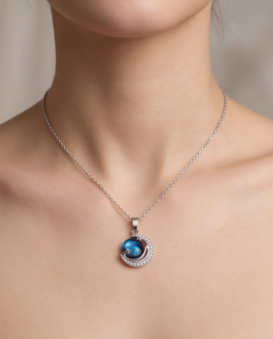 Silver Crystal Crescent Moon Cosmic Galaxy Orb Pendant Necklace