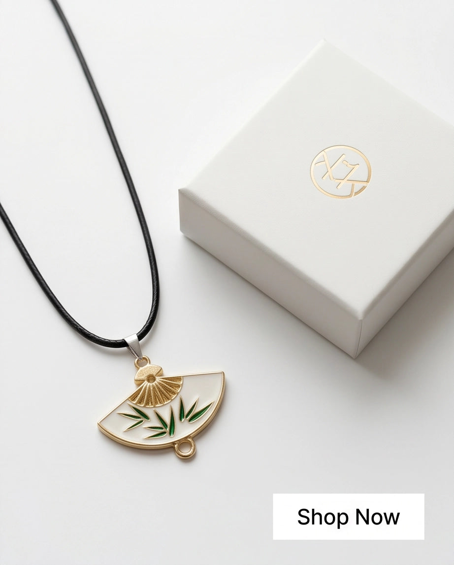 White Enamel Bamboo Fan Pendant Necklace