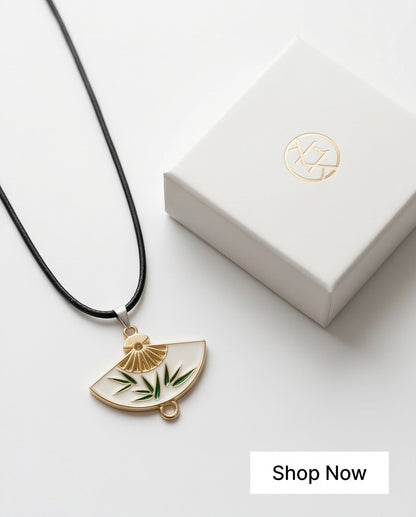 White Enamel Bamboo Fan Pendant Necklace
