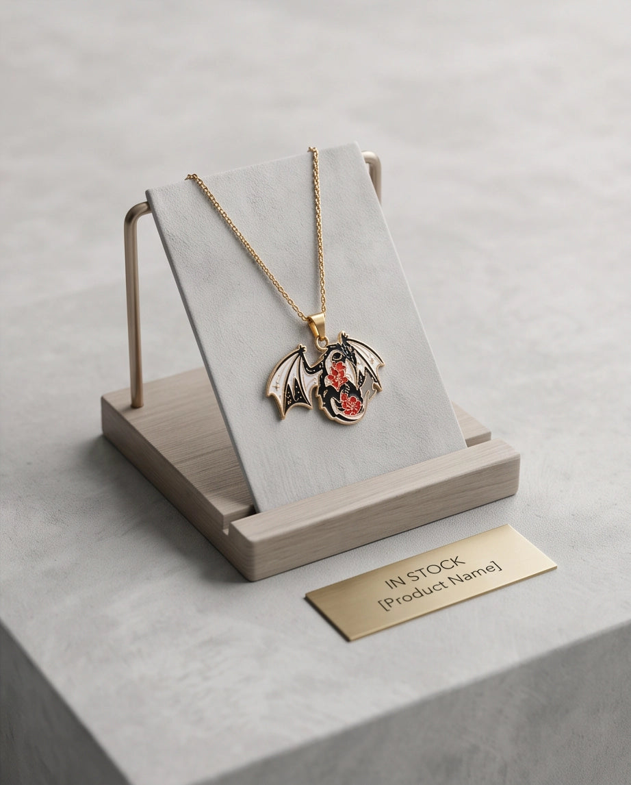 Gold Floral Dragon Black & White Enamel Pendant Necklace