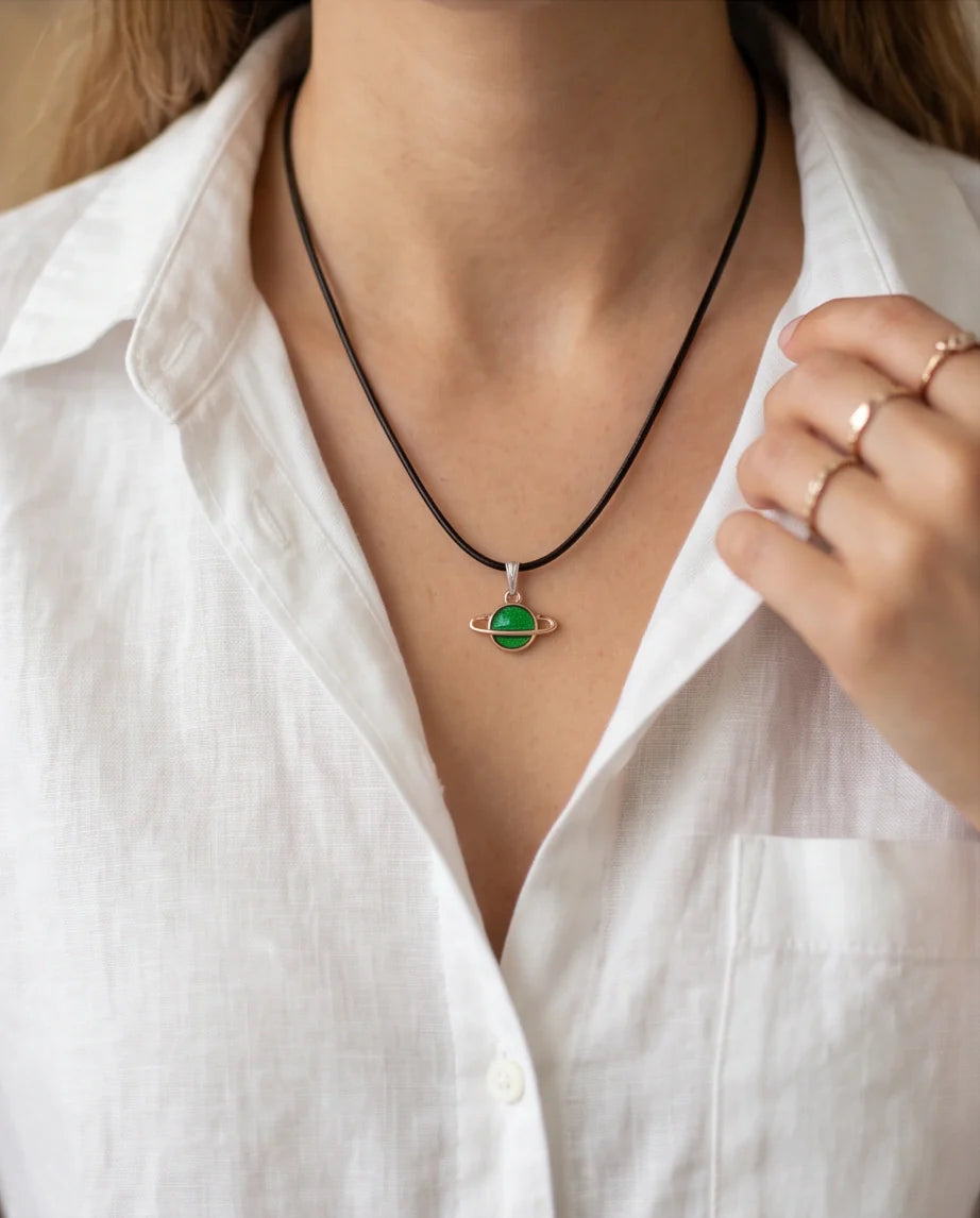 Gold and Green Saturn Planet Necklace