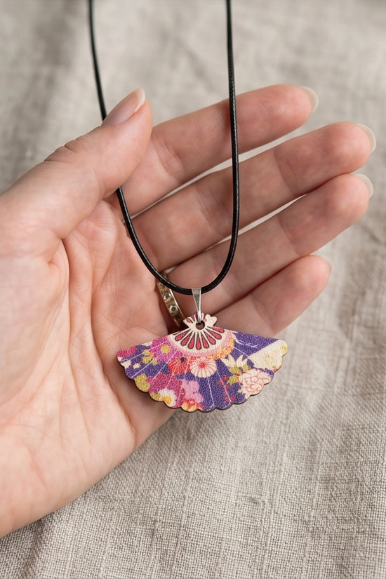 Vintage Purple Floral Hand-Fan Pendant Necklace