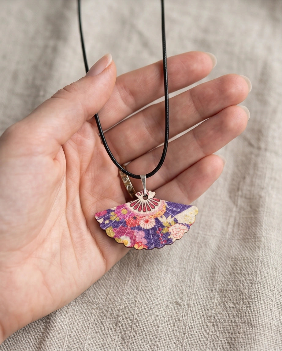 Vintage Purple Floral Hand-Fan Pendant Necklace