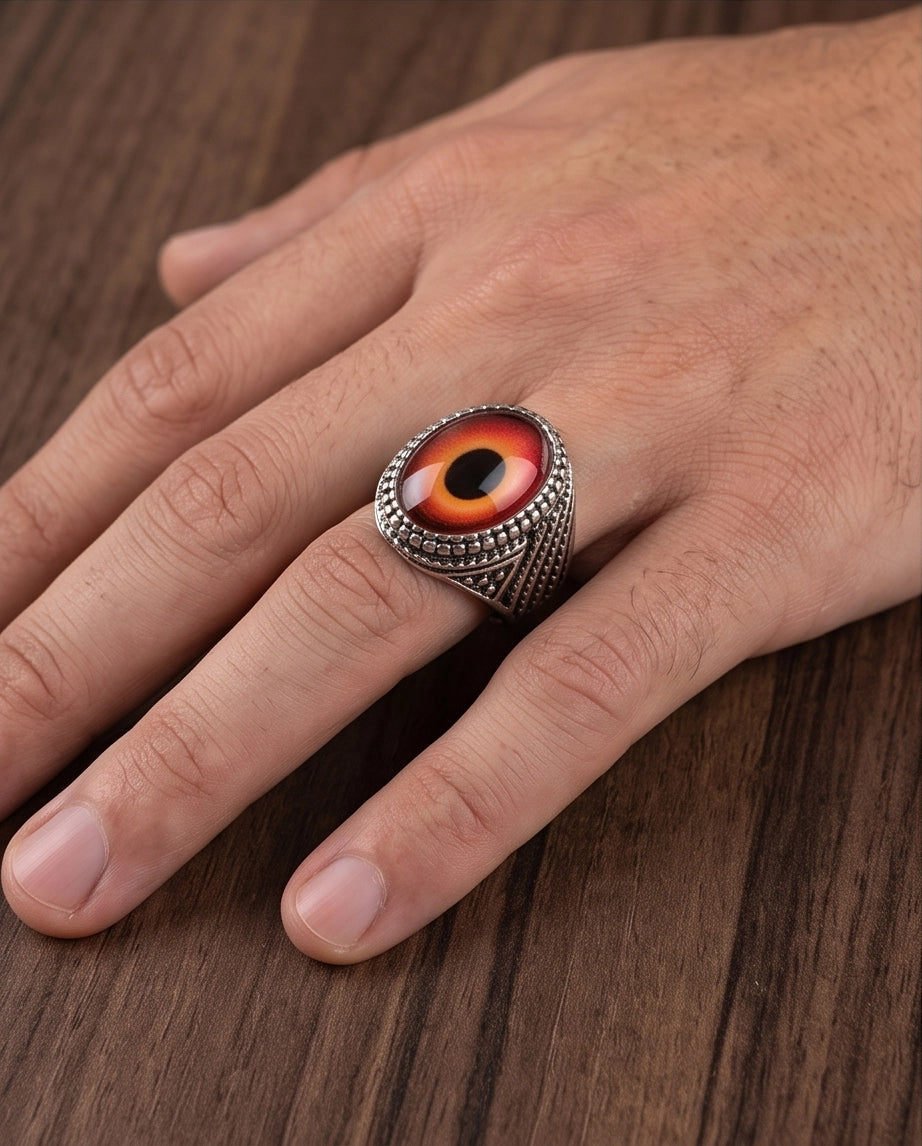 Crimson Evil Eye Beaded Silver Ring