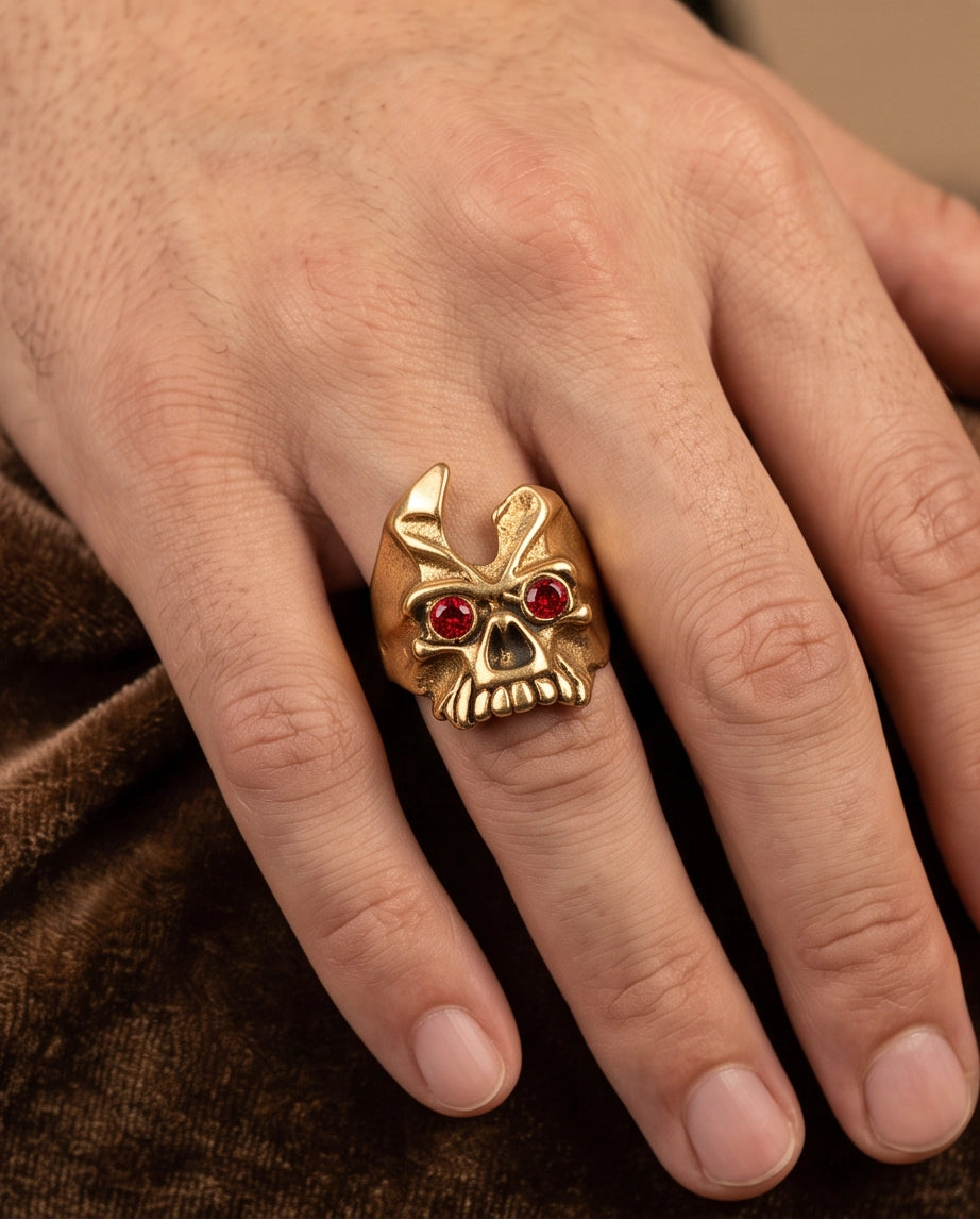 Ruby-Eyed Gothic Horned Skull Gold Ring