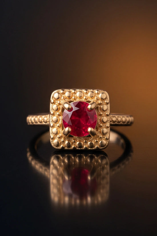 Vintage Gold Ruby Square Granulation Halo Ring