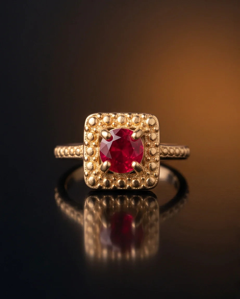 Vintage Gold Ruby Square Granulation Halo Ring