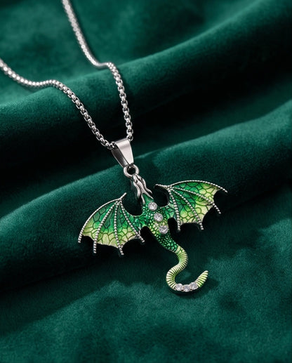 Silver Green Enamel Dragon Wyvern Pendant Necklace