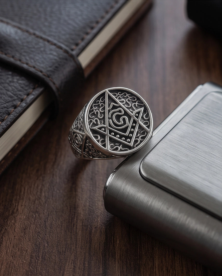 Masonic Scrollwork Oval Signet Silver Ring