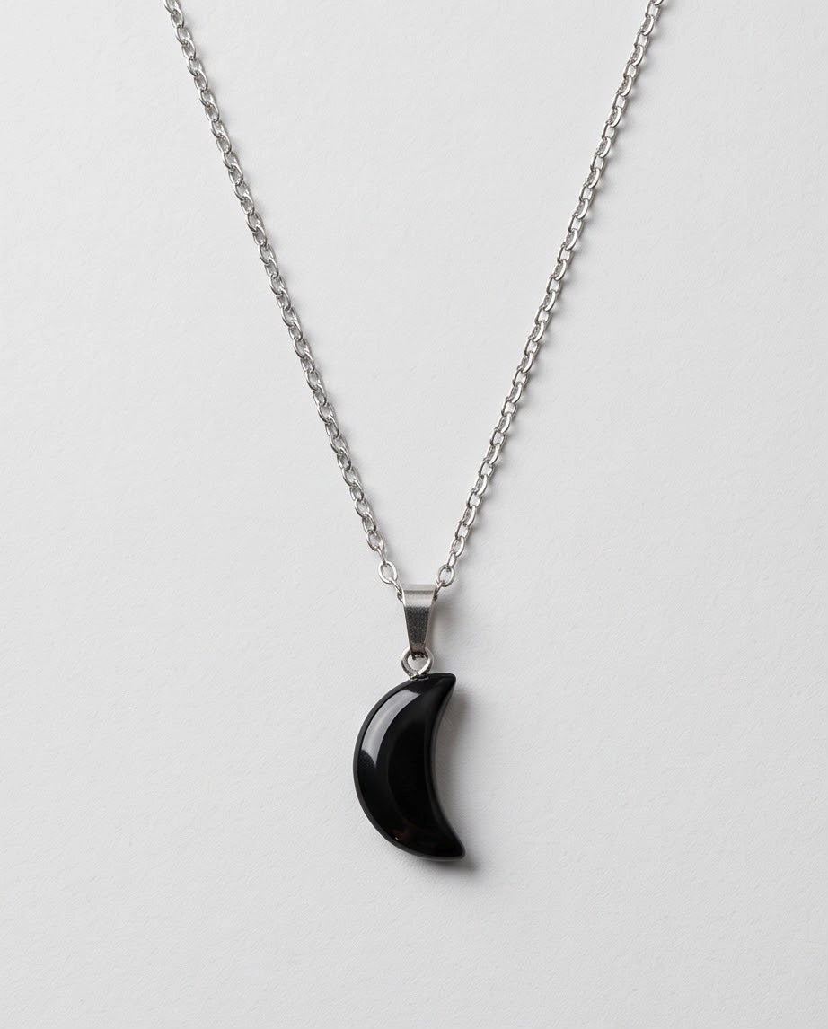 Silver Black Obsidian Crescent Moon Pendant Necklace