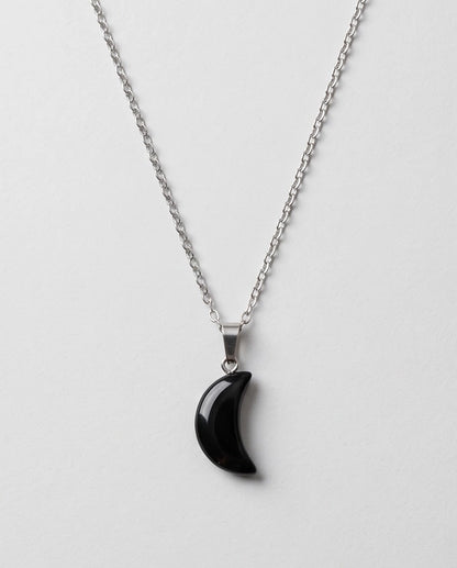 Silver Black Obsidian Crescent Moon Pendant Necklace