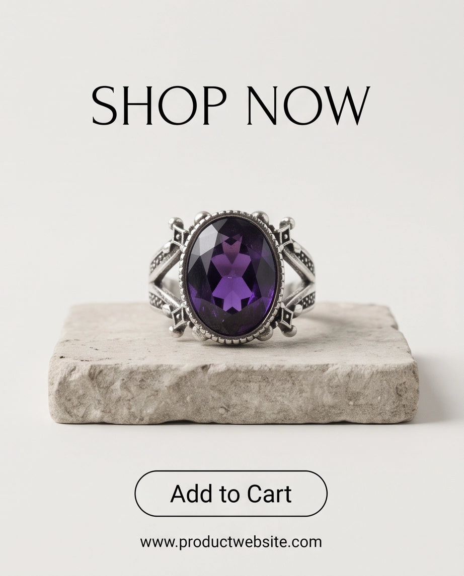 Amethyst Gemstone Fluted Bezel Sword-Cross Silver Ring