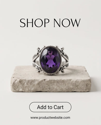 Amethyst Gemstone Fluted Bezel Sword-Cross Silver Ring