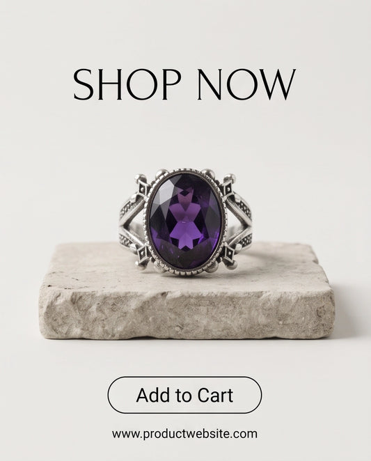 Amethyst Gemstone Fluted Bezel Sword-Cross Silver Ring