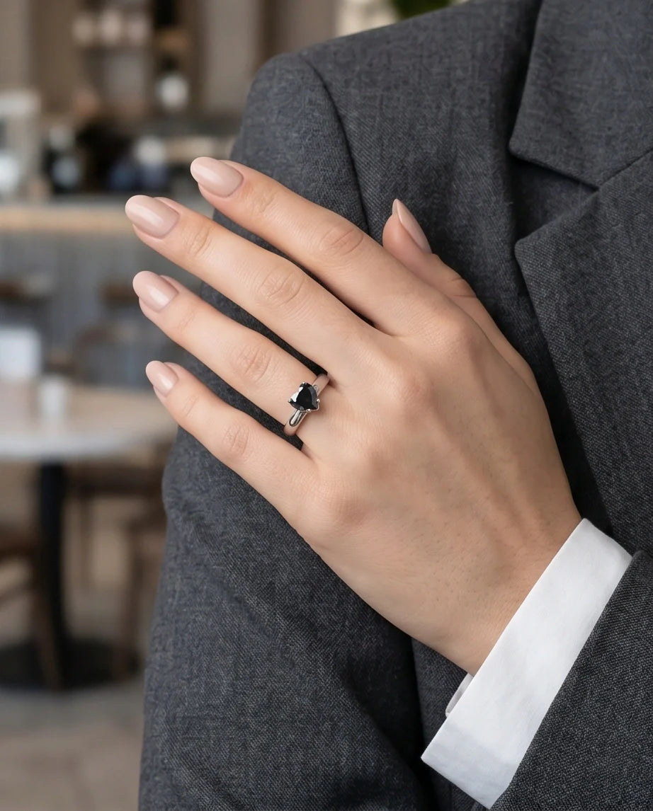 Sterling Silver Heart-Cut Black Onyx Solitaire Ring