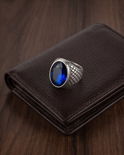 Sapphire Gemstone Beaded Frame Crosshatch Mesh Silver Ring