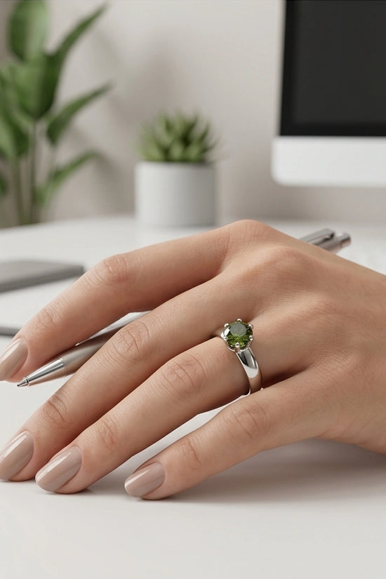 Sterling Silver Round-Cut Olive Green Solitaire Ring