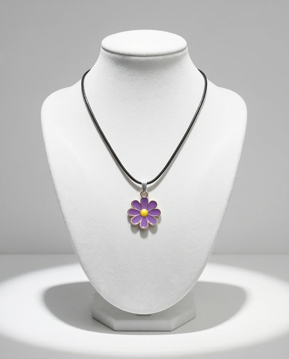 Vibrant Purple Daisy Enamel Pendant Necklace