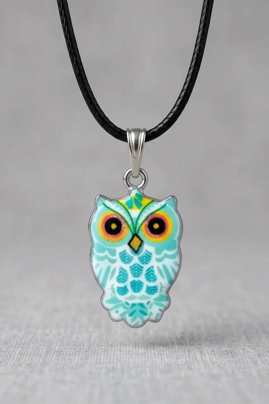 Vibrant Mint Blue Owl Totem Pendant Necklace