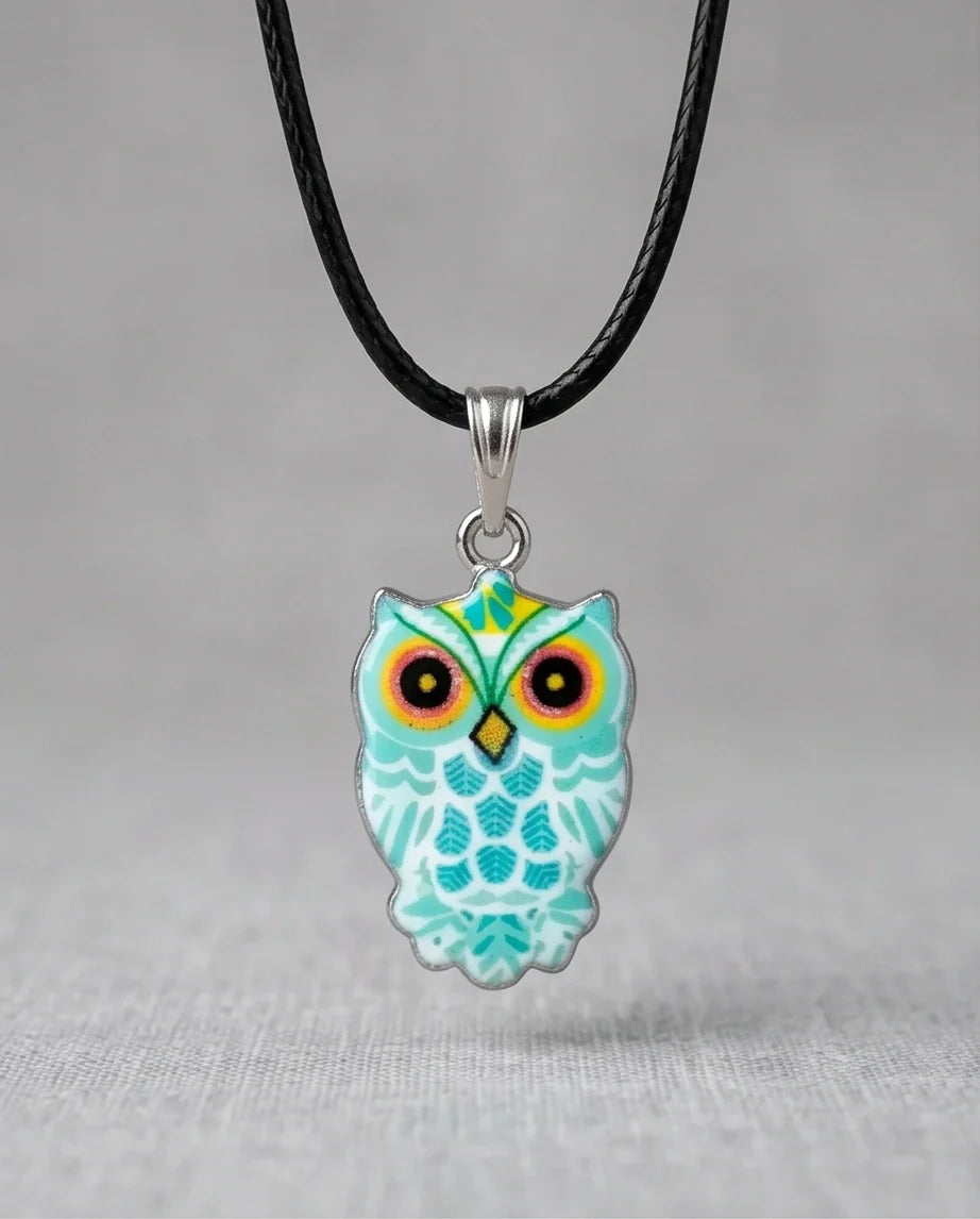 Vibrant Mint Blue Owl Totem Pendant Necklace