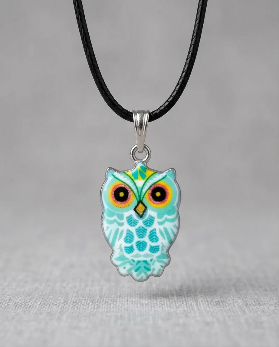 Vibrant Mint Blue Owl Totem Pendant Necklace