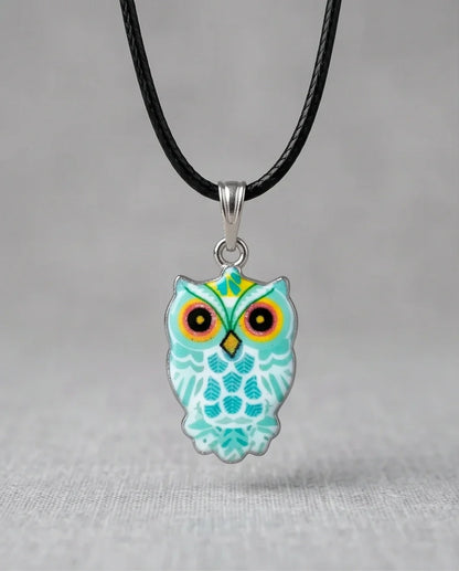 Vibrant Mint Blue Owl Totem Pendant Necklace