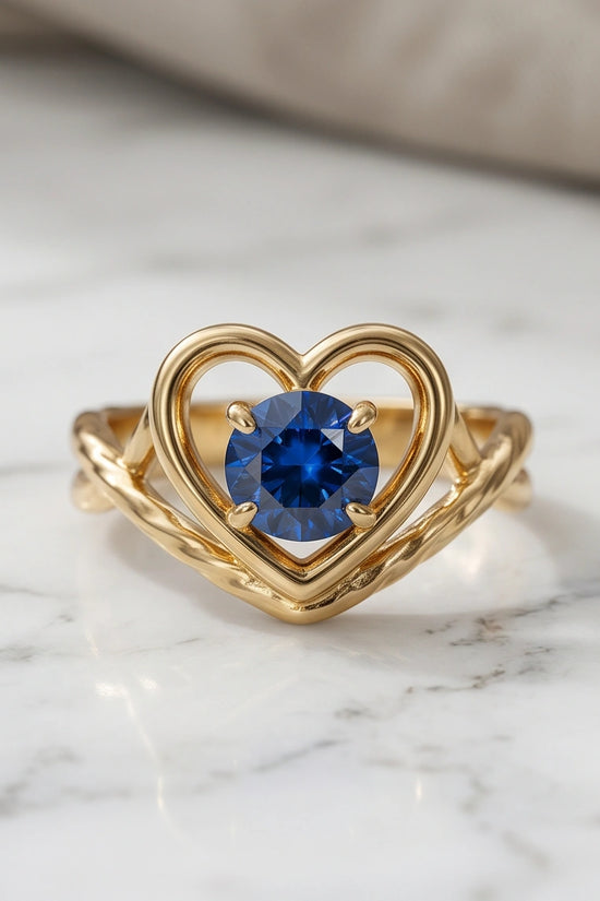 14K Gold Sapphire Heart-Shaped Openwork Ring