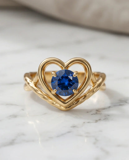 Gold Sapphire Heart-Shaped Openwork Ring