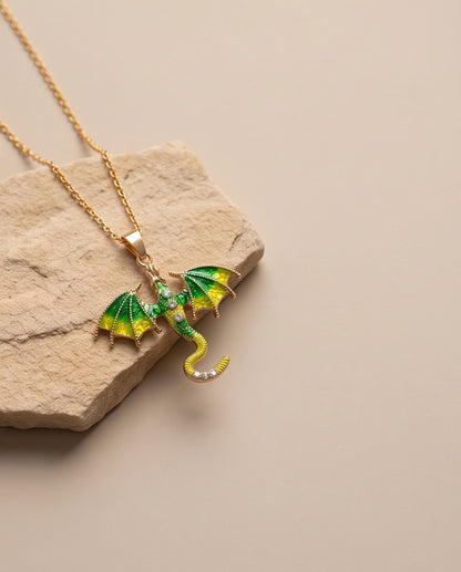 Gold Green Enamel Dragon Wyvern Pendant Necklace