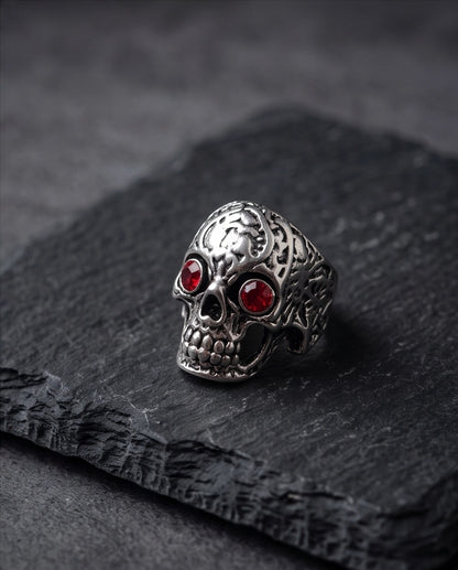 Ruby-Eyed Filigree Skull Ring