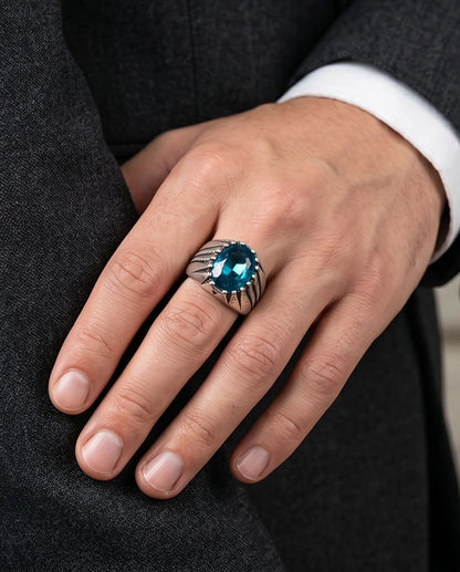 Oxidized Silver Oval Aqua Blue Claw Signet Ring